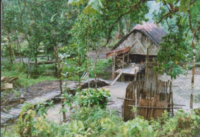 Viidakkovaellus Teteburun poppamiehen talo paaluilla Sumatra Siberut 1992 Vaula Norrena